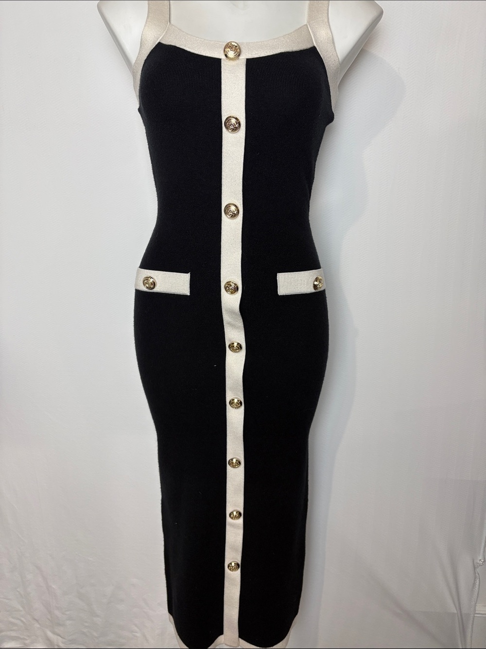 Vici Black & Cream Button-Front Knit Midi Dress